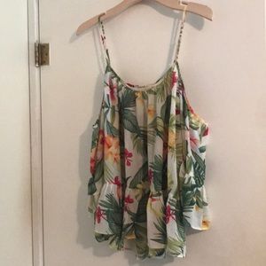 Sheer Tropical Flower Cold Shoulder Top